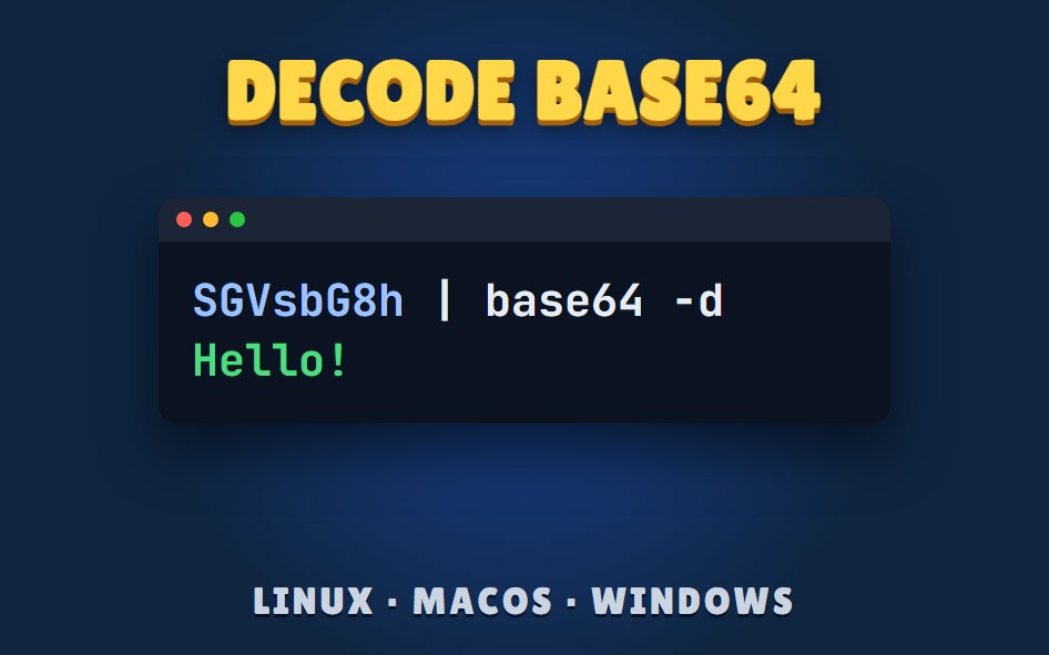 Decode Base64 on the command line: a terminal window decoding SGVsbG8h to Hello!, for Linux, macOS and Windows