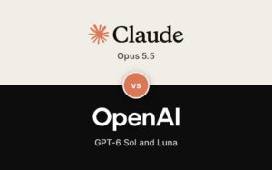 Claude and OpenAI wordmarks, one per band, with Opus 5.5 versus GPT-6 Sol and Luna