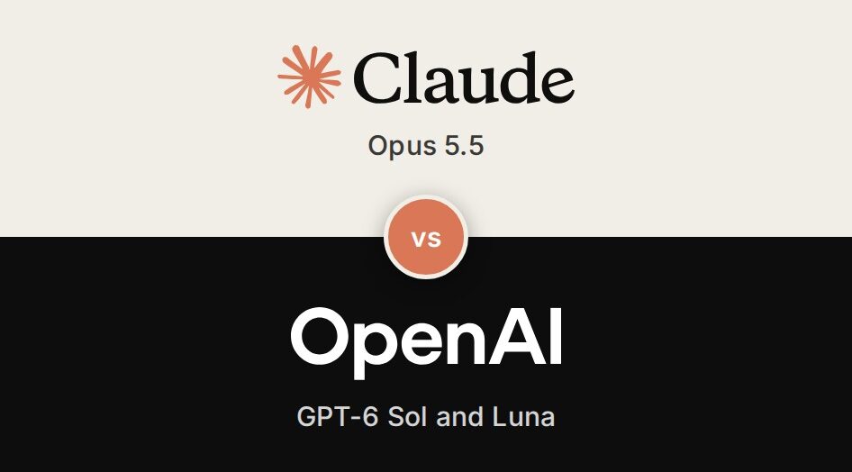 Claude and OpenAI wordmarks, one per band, with Opus 5.5 versus GPT-6 Sol and Luna