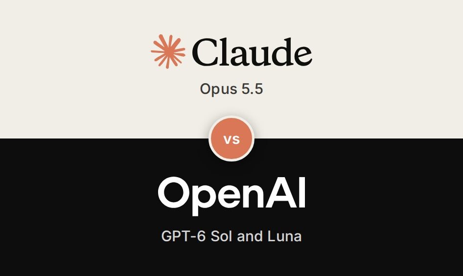 Claude and OpenAI wordmarks, one per band, with Opus 5.5 versus GPT-6 Sol and Luna