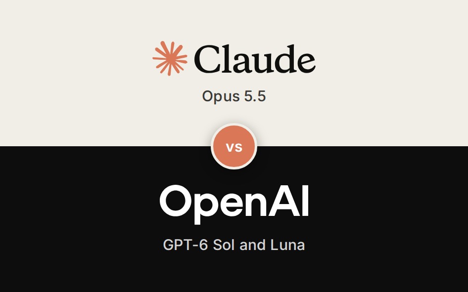 Claude and OpenAI wordmarks, one per band, with Opus 5.5 versus GPT-6 Sol and Luna