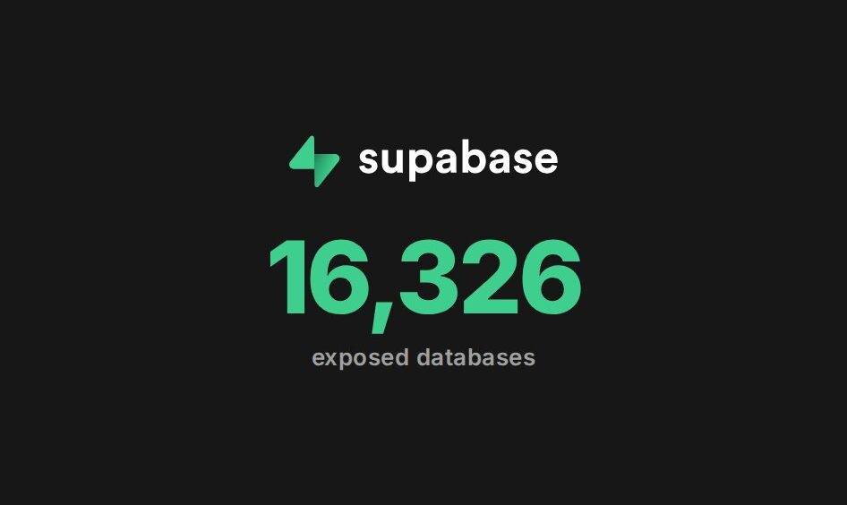 The Supabase wordmark above the number 16,326 in green and the words exposed databases, on a dark background