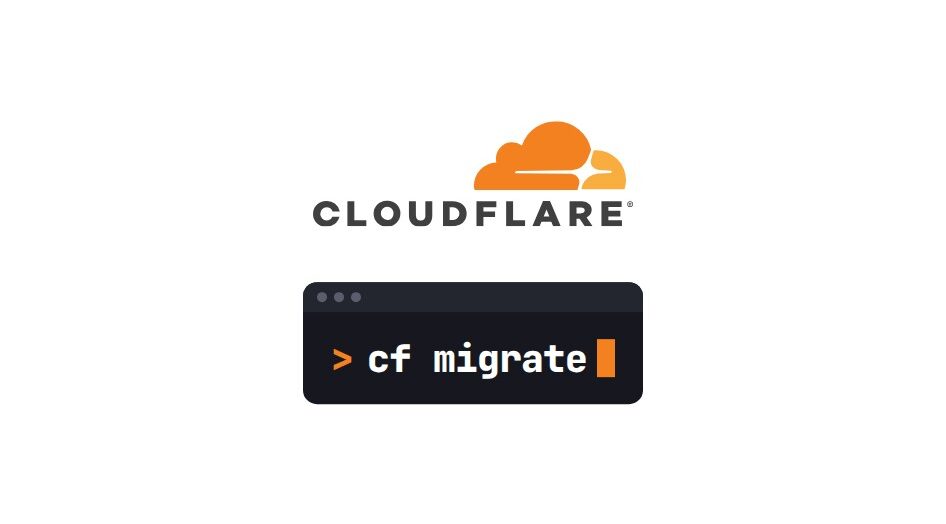 The Cloudflare logo above a dark terminal bar with the command cf migrate, on a white background
