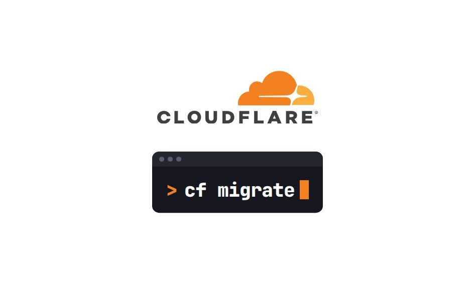The Cloudflare logo above a dark terminal bar with the command cf migrate, on a white background