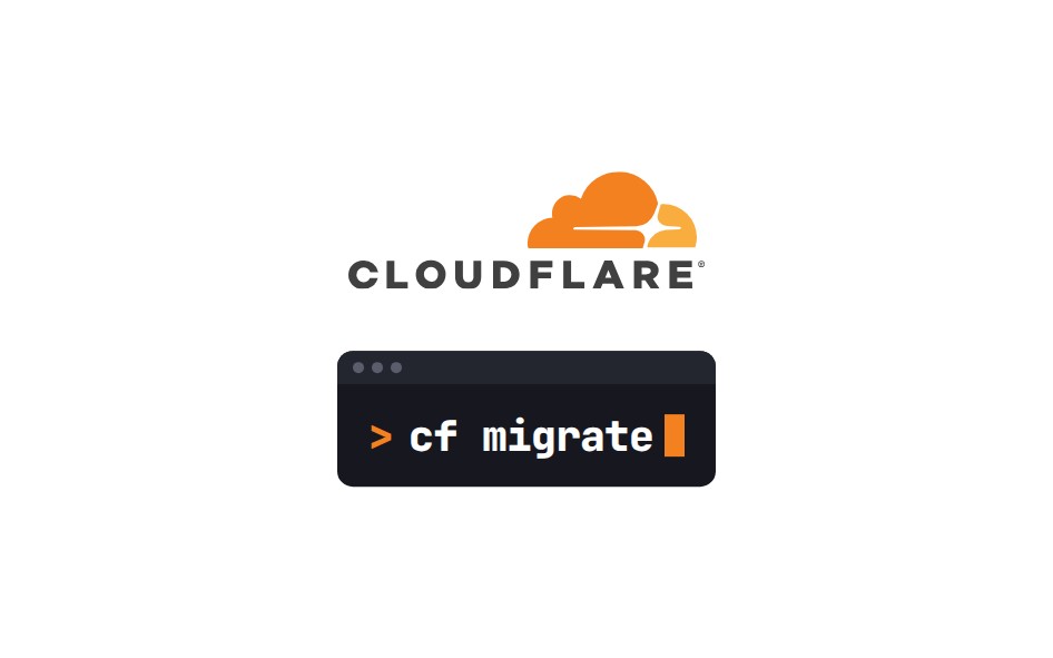 The Cloudflare logo above a dark terminal bar with the command cf migrate, on a white background