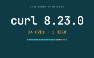 The words curl 8.23.0 in white monospace type on a dark teal ground, the line 24 CVEs, 1 HIGH in amber beneath, and a row of 24 small squares, 18 teal, 2 amber and 4 grey, one of them ringed in red