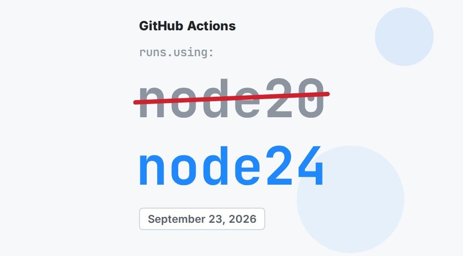 The word node20 in grey, struck through, above the word node24 in GitHub Actions blue, on an off-white ground, with the label GitHub Actions in the corner