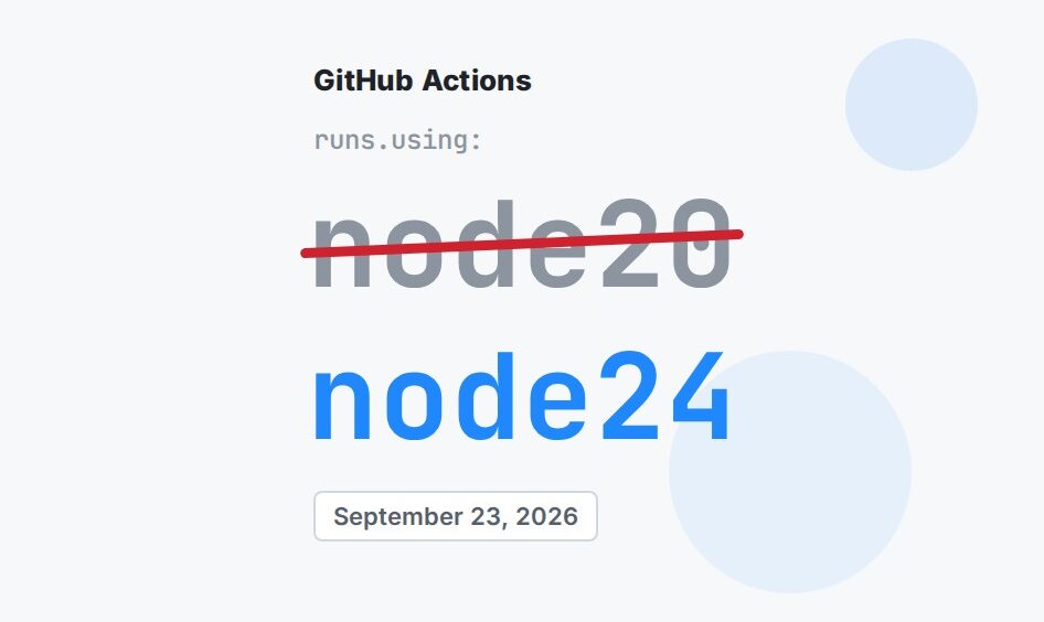 The word node20 in grey, struck through, above the word node24 in GitHub Actions blue, on an off-white ground, with the label GitHub Actions in the corner