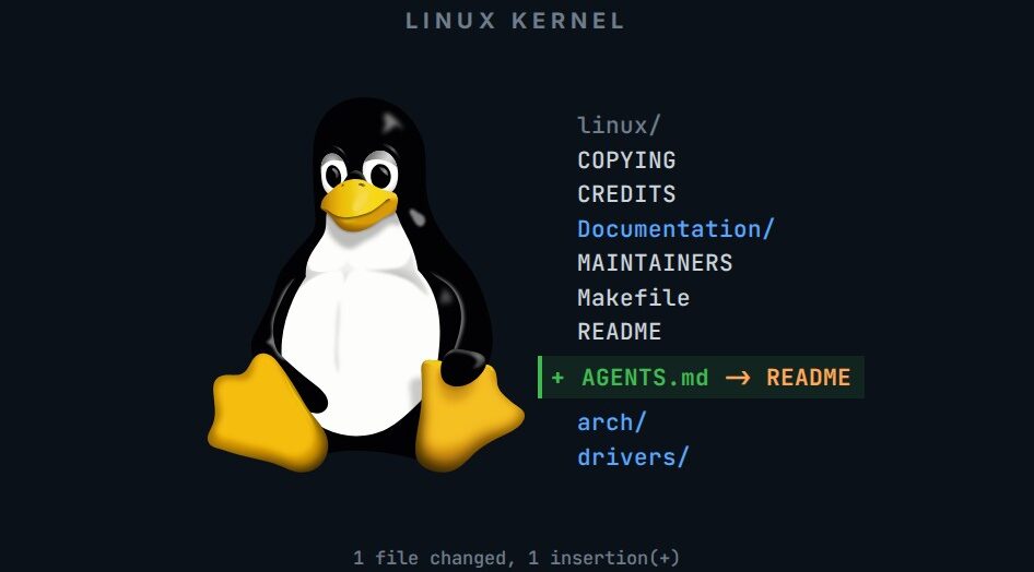 Tux, the Linux penguin, beside a terminal listing of the Linux kernel source root, with a new diff line in green adding AGENTS.md as a symlink to README and the summary 1 file changed, 1 insertion(+)