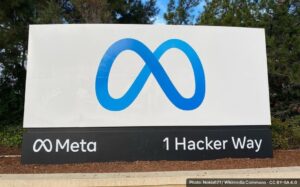 The Meta logo on the entrance sign of the company's headquarters at 1 Hacker Way, Menlo Park, used here for the Meta Enterprise Platform announcement