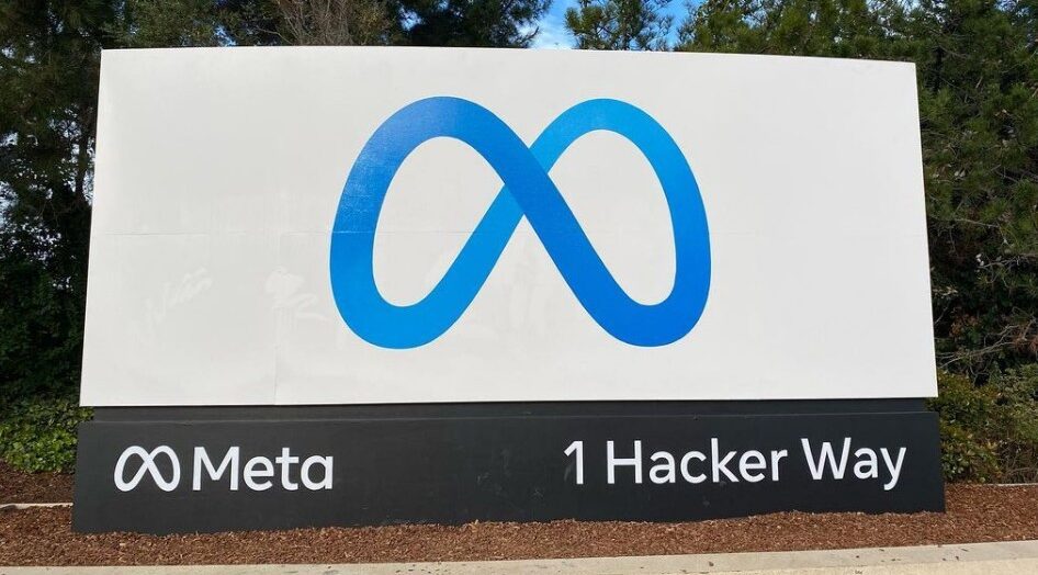 The Meta logo on the entrance sign of the company's headquarters at 1 Hacker Way, Menlo Park, used here for the Meta Enterprise Platform announcement