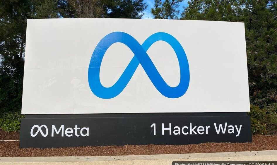 The Meta logo on the entrance sign of the company's headquarters at 1 Hacker Way, Menlo Park, used here for the Meta Enterprise Platform announcement