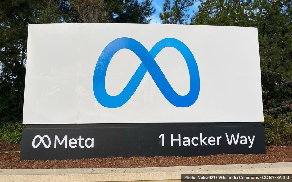 The Meta logo on the entrance sign of the company's headquarters at 1 Hacker Way, Menlo Park, used here for the Meta Enterprise Platform announcement